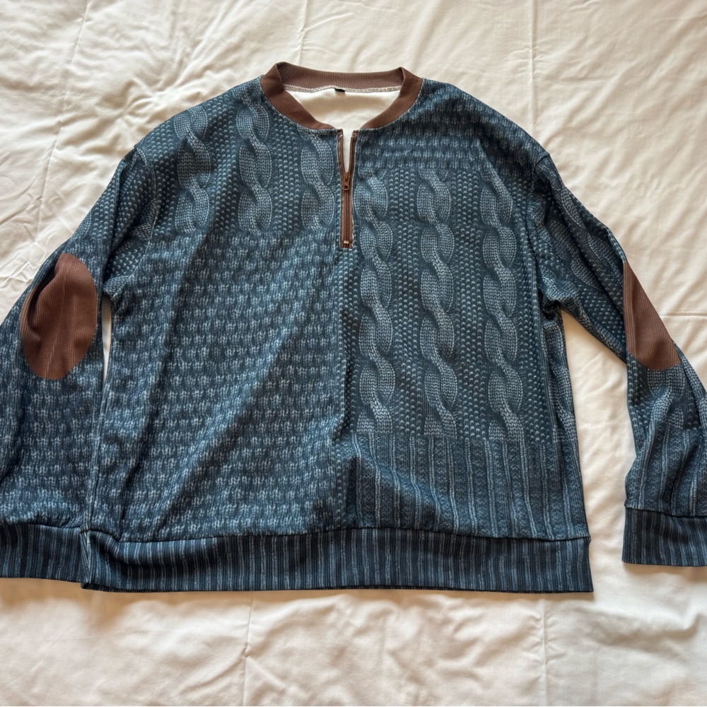 Men’s Blue Quarter Zip Ribbed Top Elbow Patch Size L NWOT